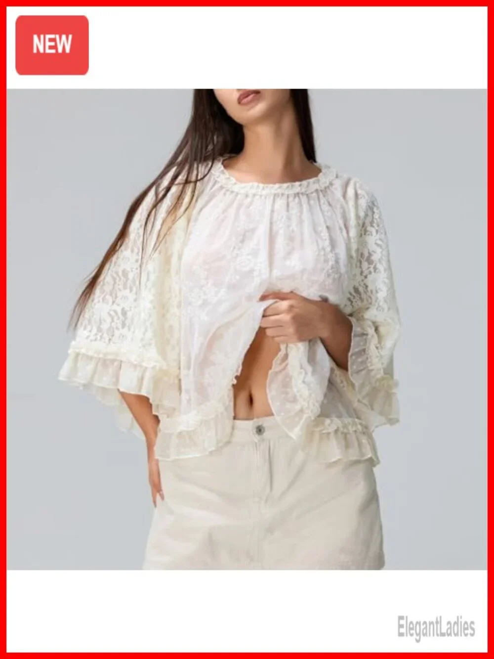 Boho Lace Sheer Mesh Long Sleeve Ruffle Flowy Top Blouse